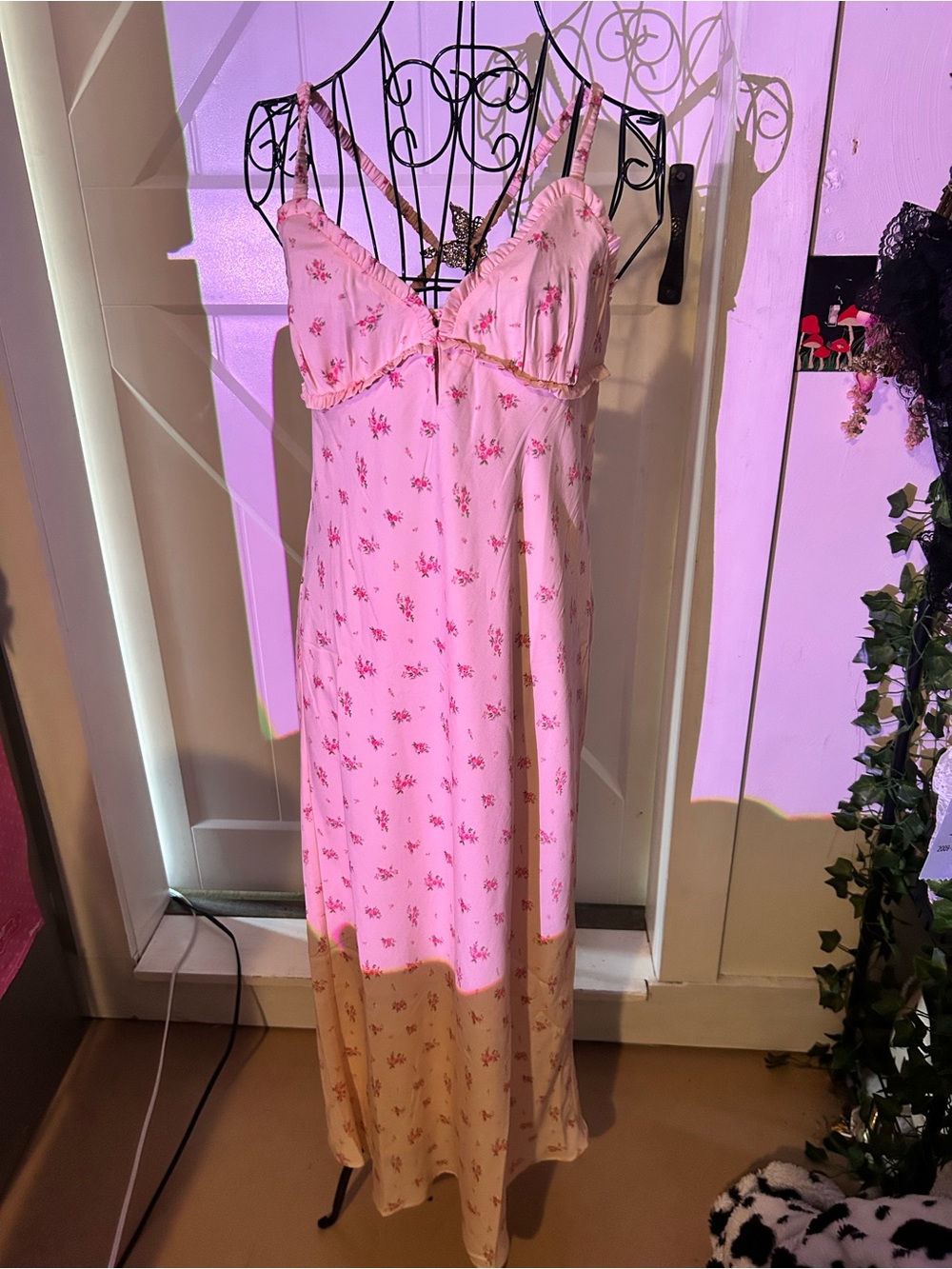 American Eagle Outfitters Pink Floral Dress with Cream Hem